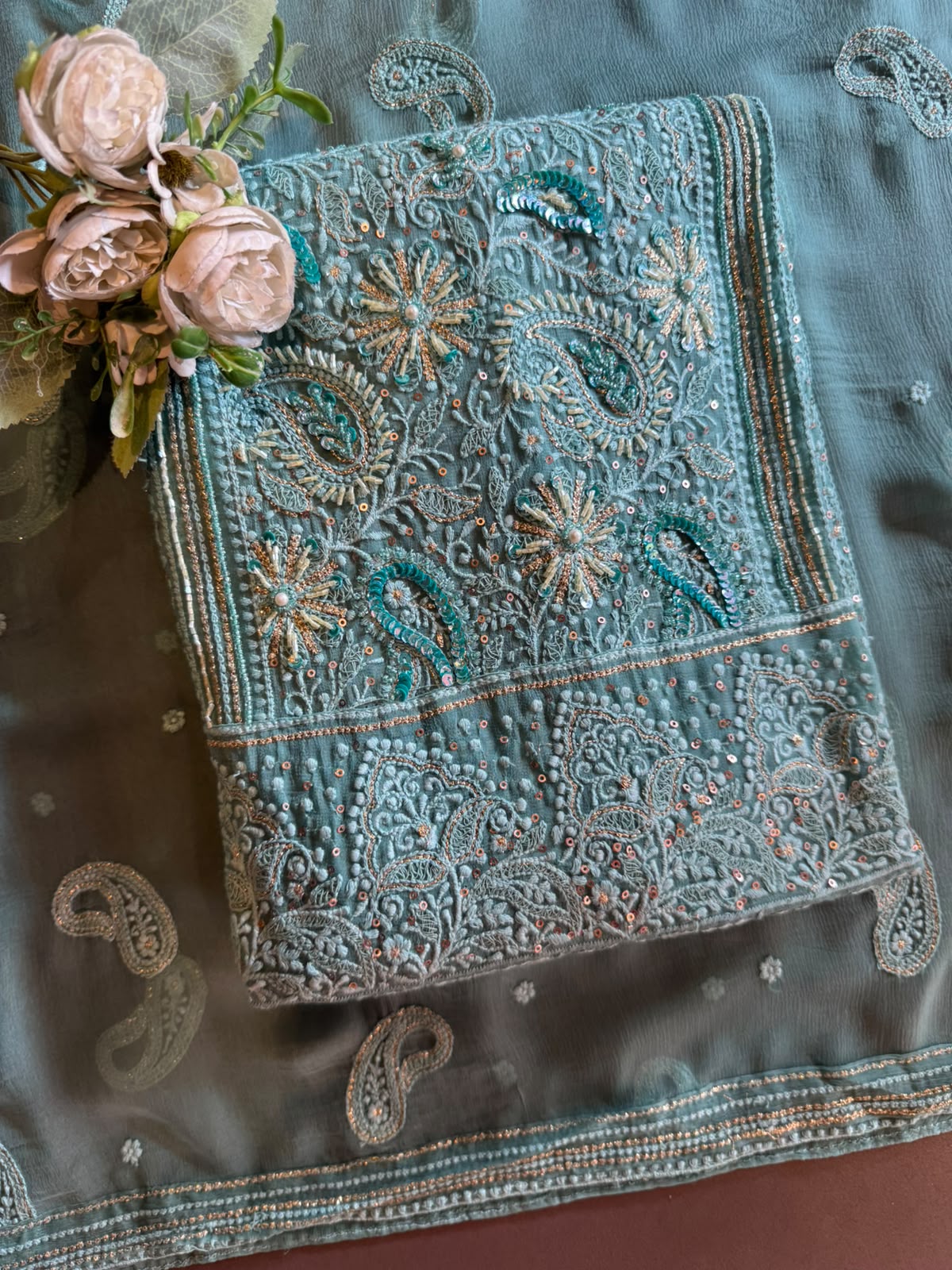 Pure Georgette Unstitched shirt heavily thread embroidered