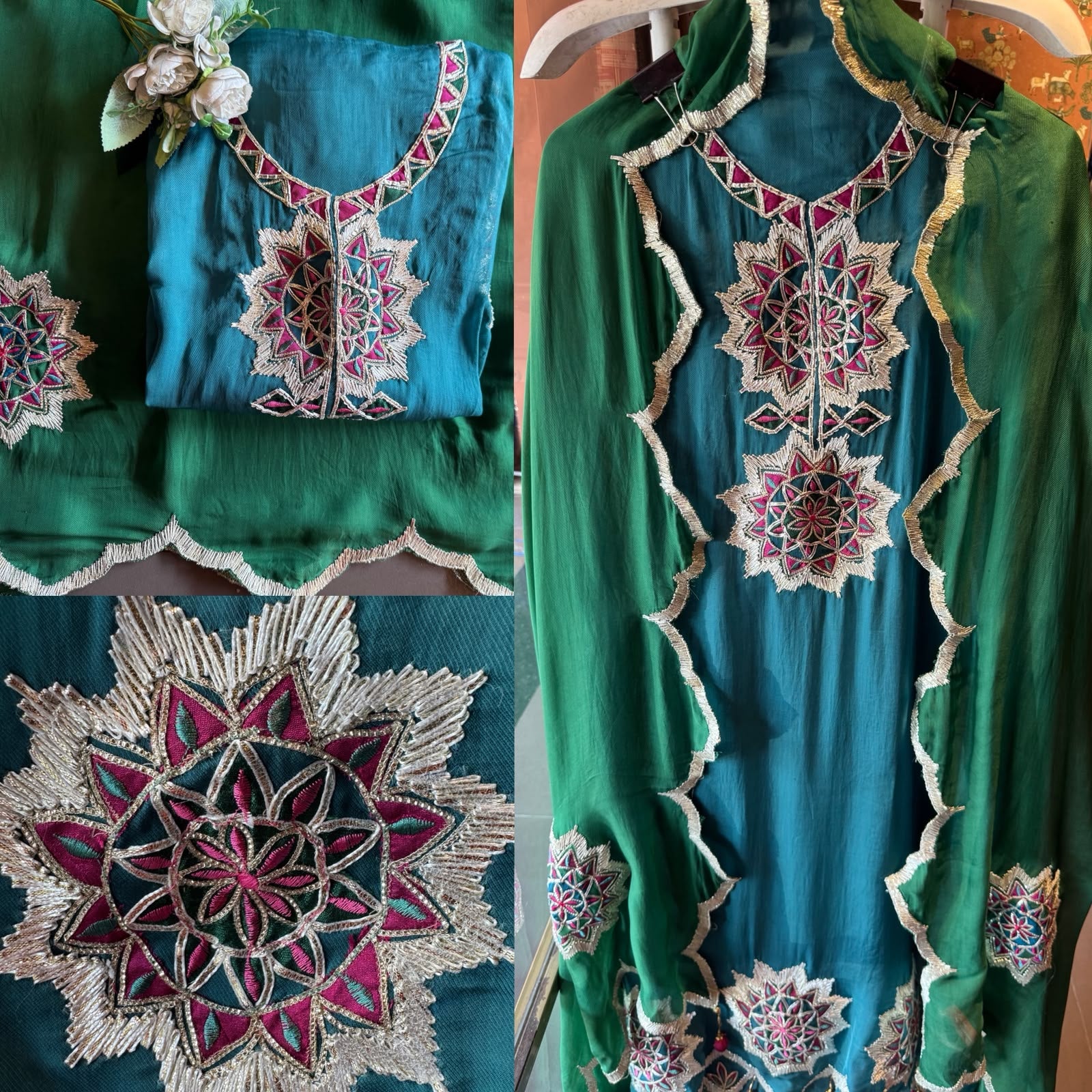 Multicoloured thread embroidery unstitched suit