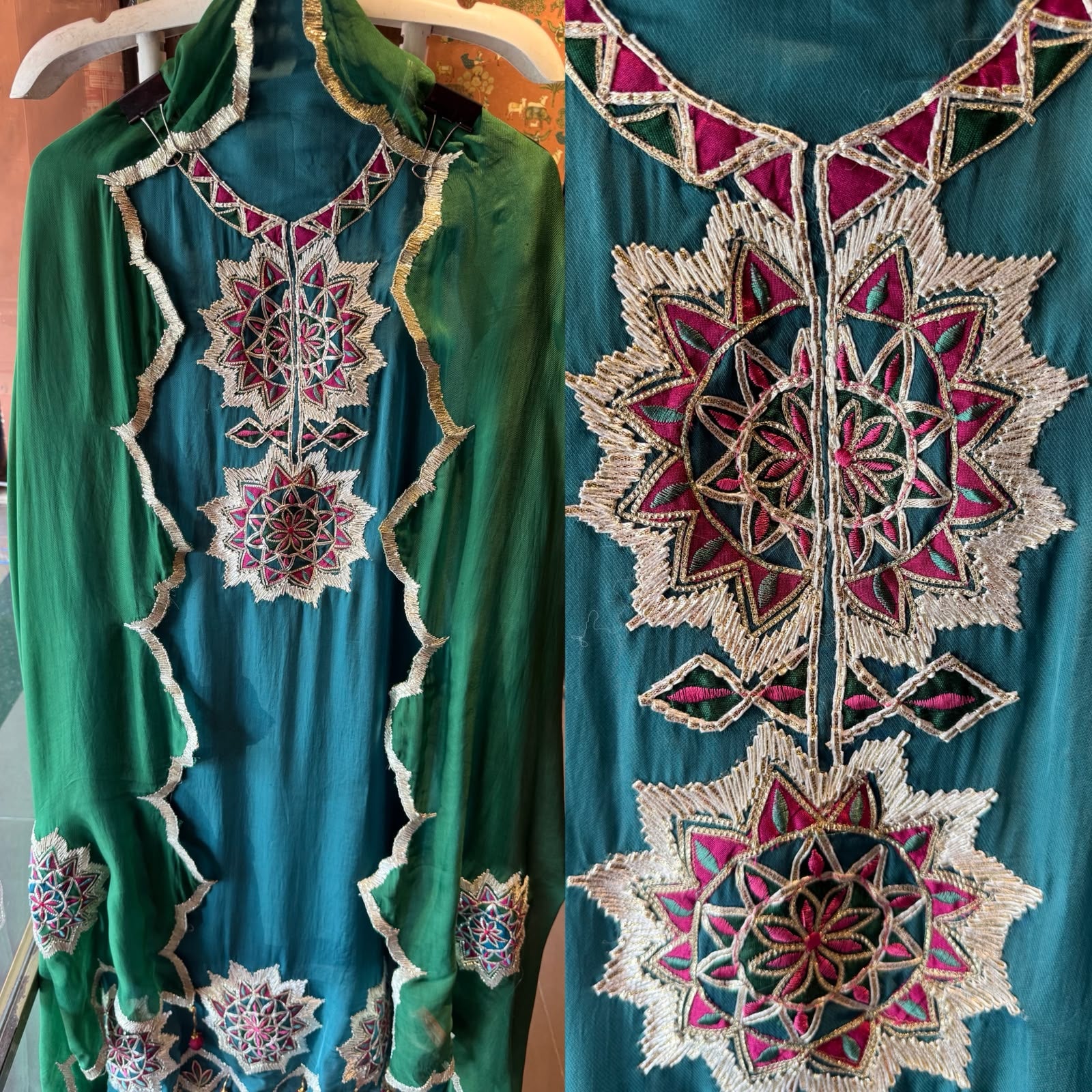 Multicoloured thread embroidery unstitched suit