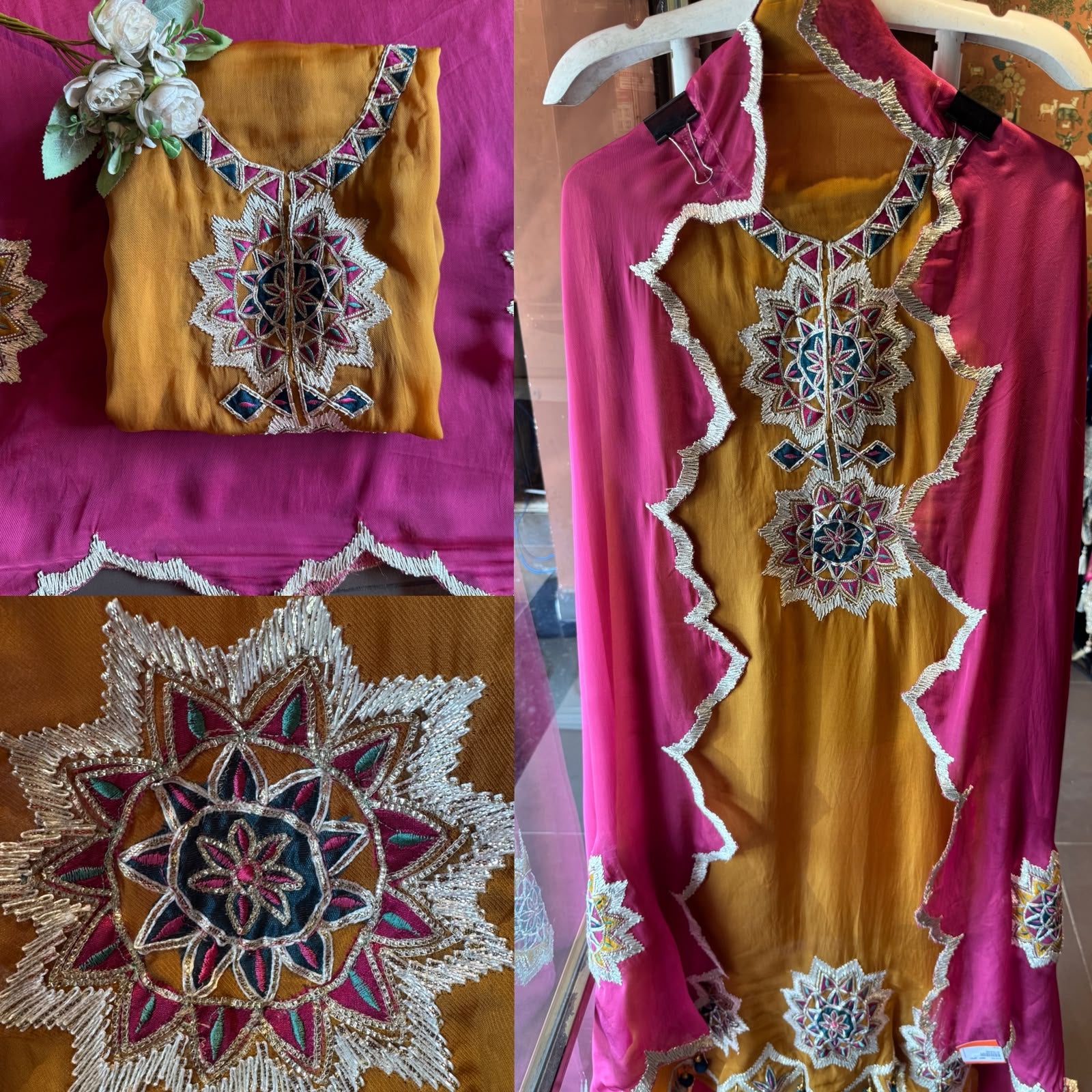 Multicoloured thread embroidery unstitched suit