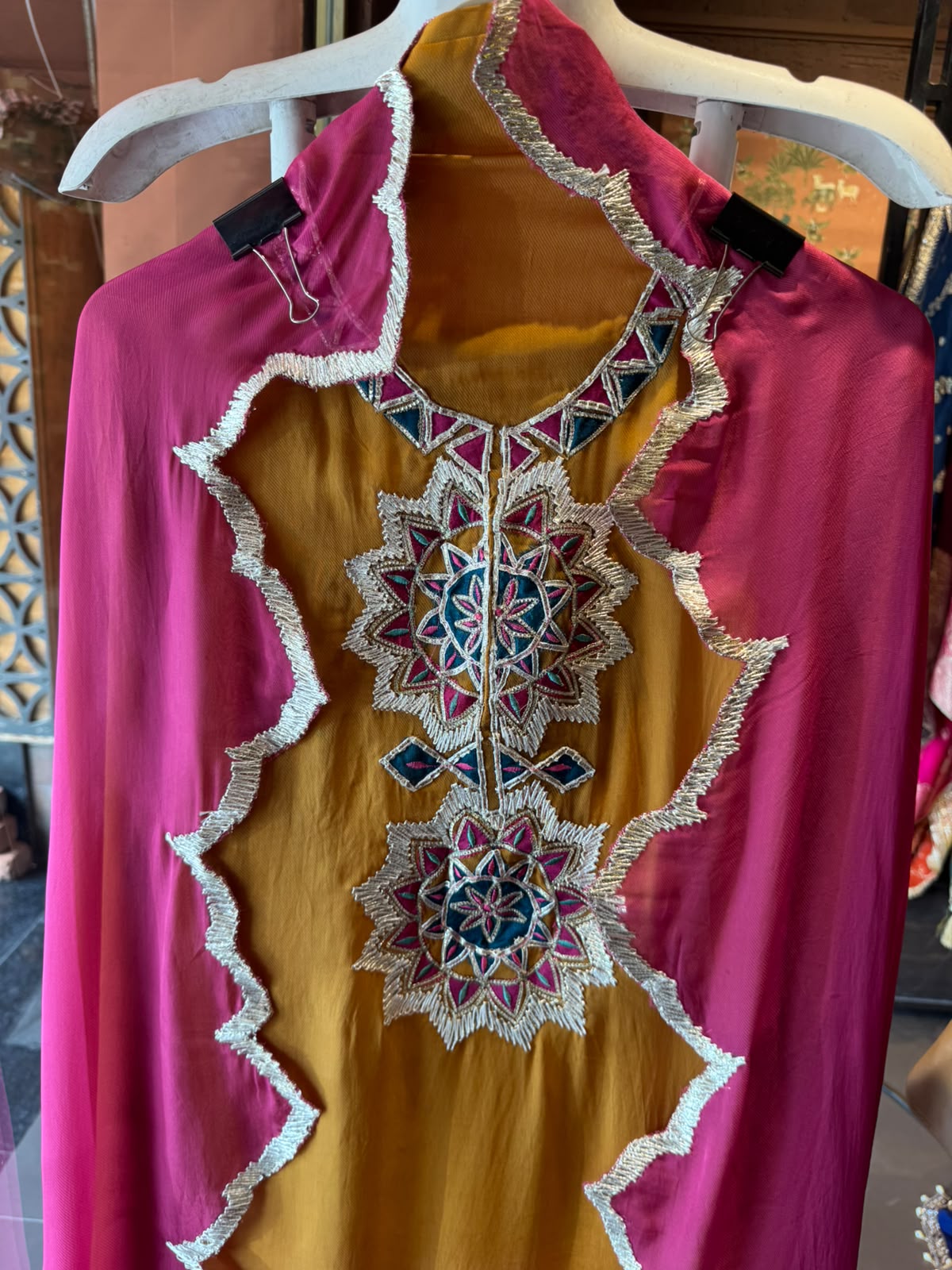 Multicoloured thread embroidery unstitched suit
