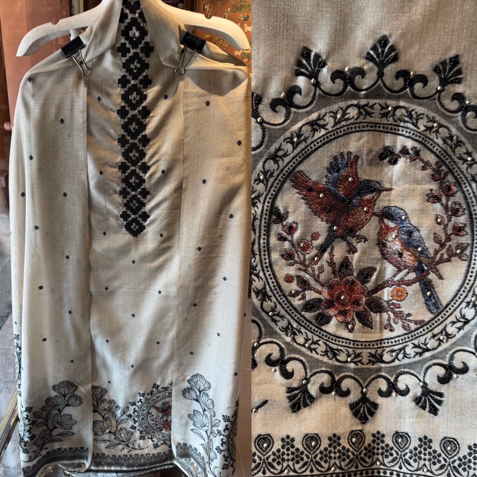Beige Bird hand woven Embroidered Suit set
