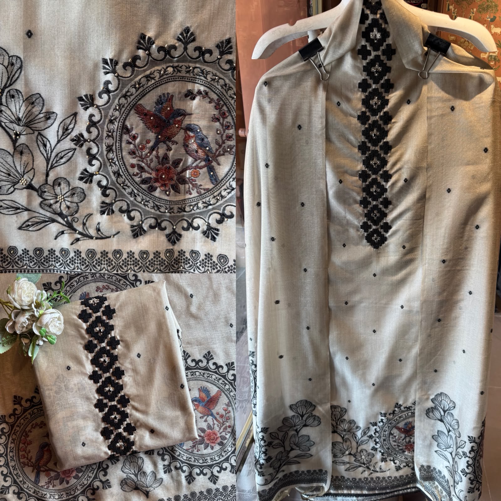Beige Bird hand woven Embroidered Suit set