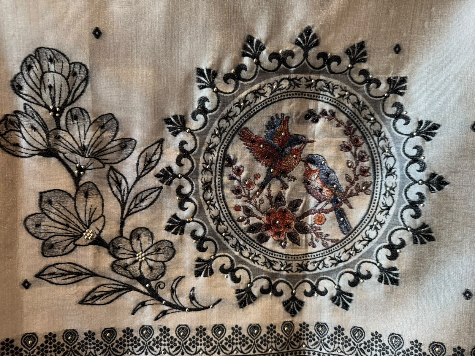 Beige Bird hand woven Embroidered Suit set