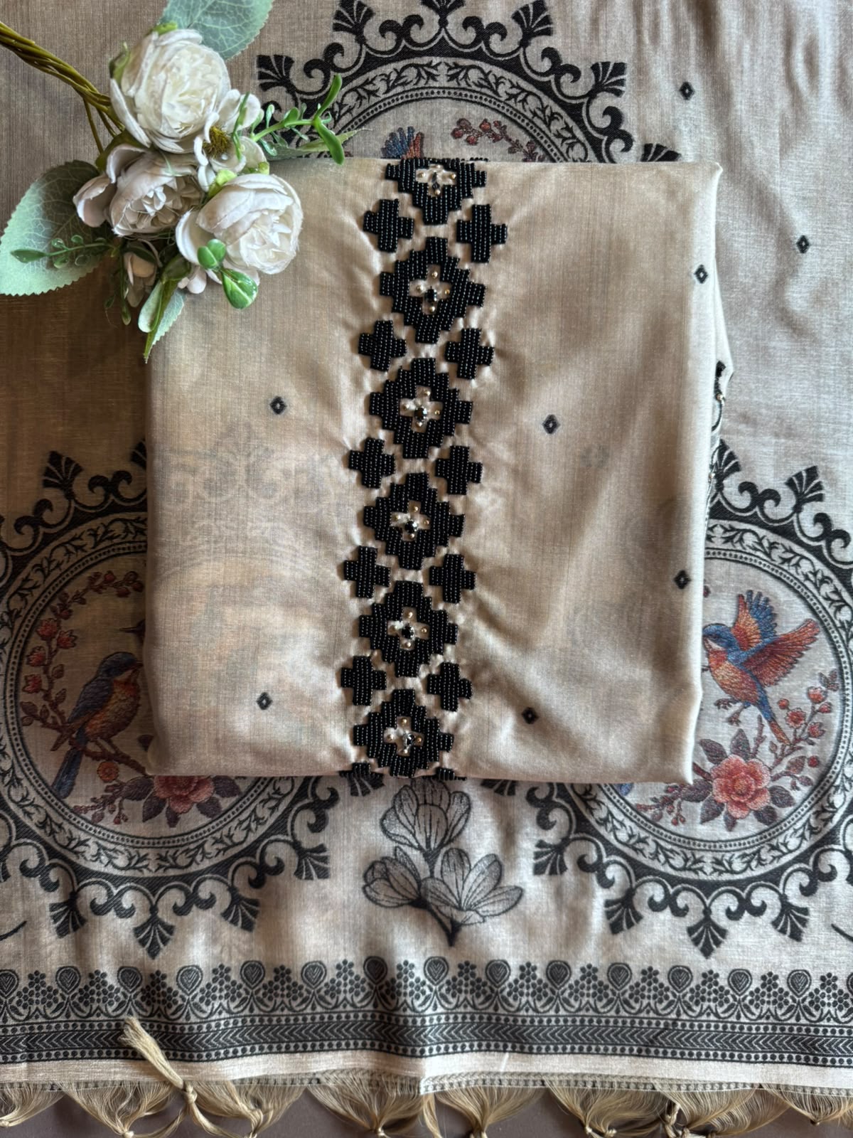 Beige Bird hand woven Embroidered Suit set