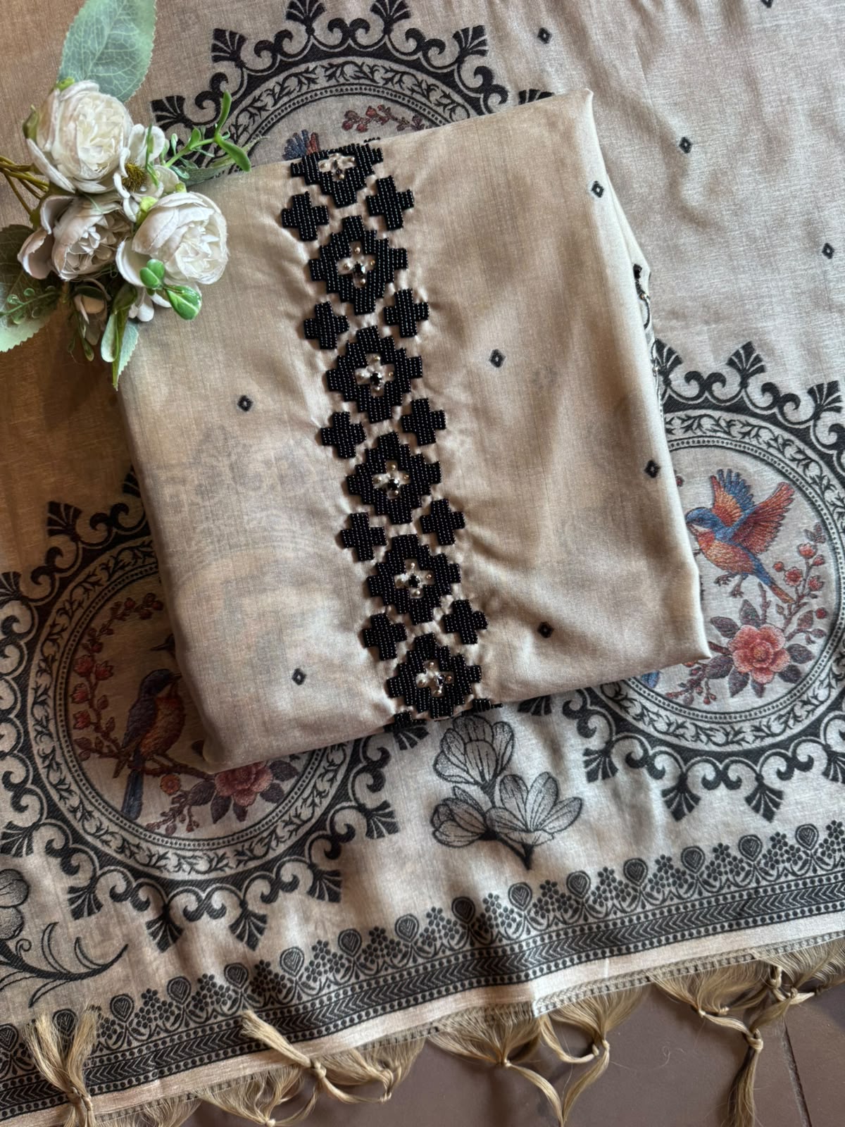 Beige Bird hand woven Embroidered Suit set