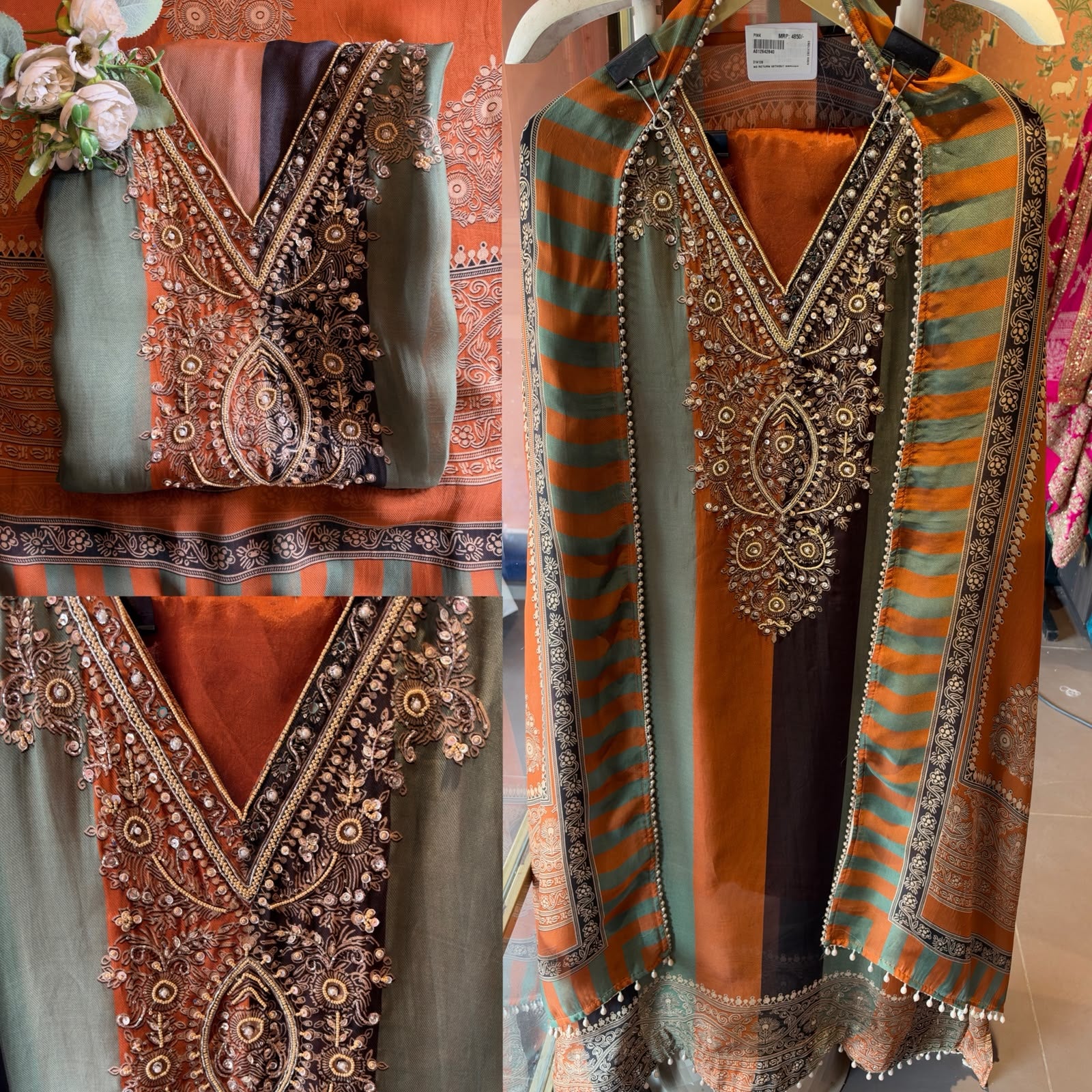 Designer stripe Embroidered Suit Set