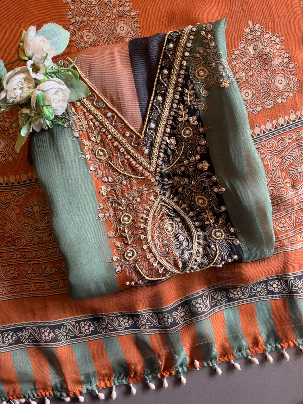 Designer stripe Embroidered Suit Set
