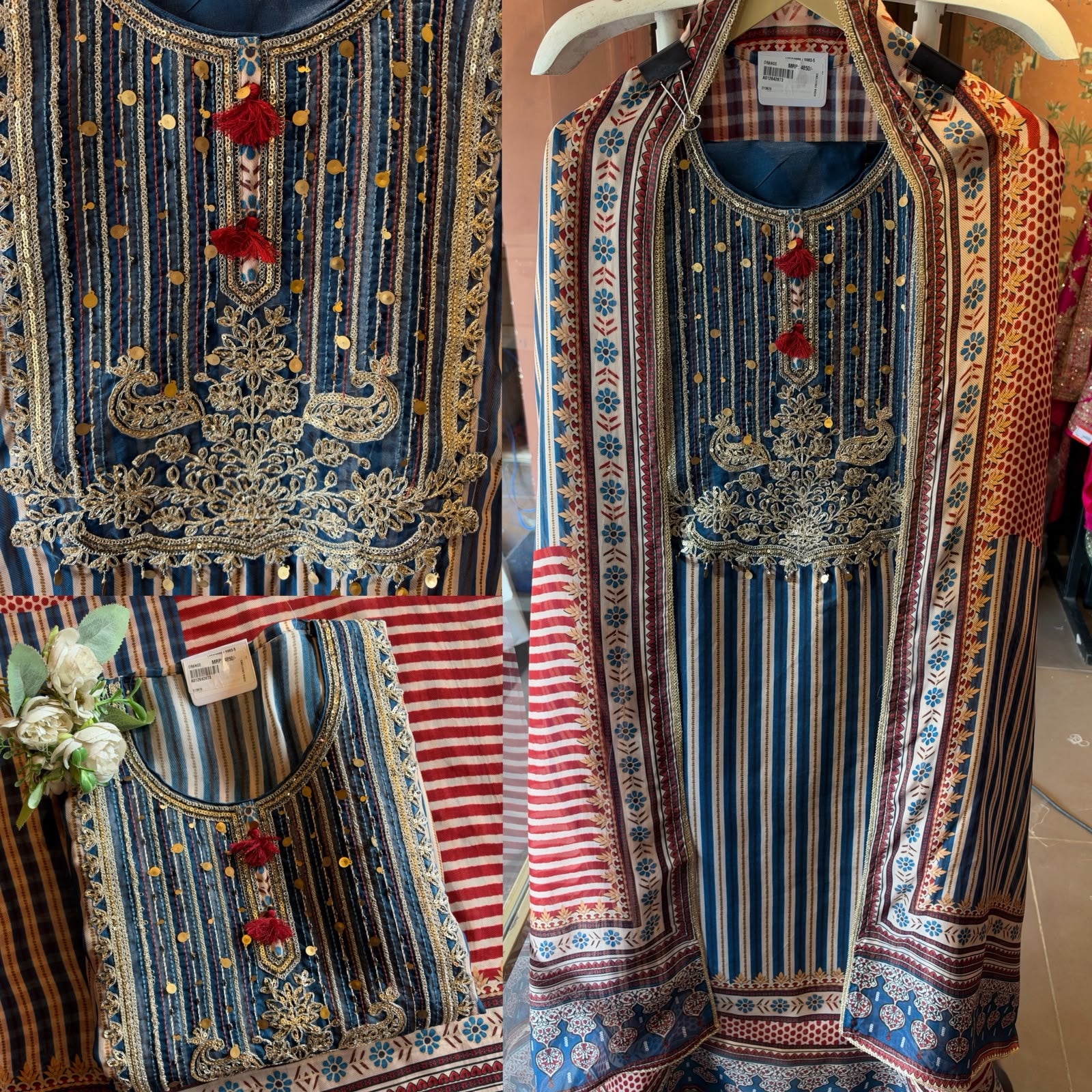 Striped Embroidered Suit Set