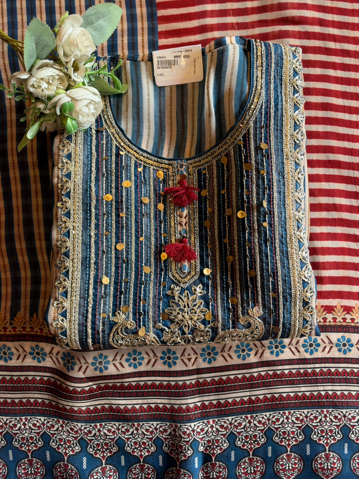 Striped Embroidered Suit Set