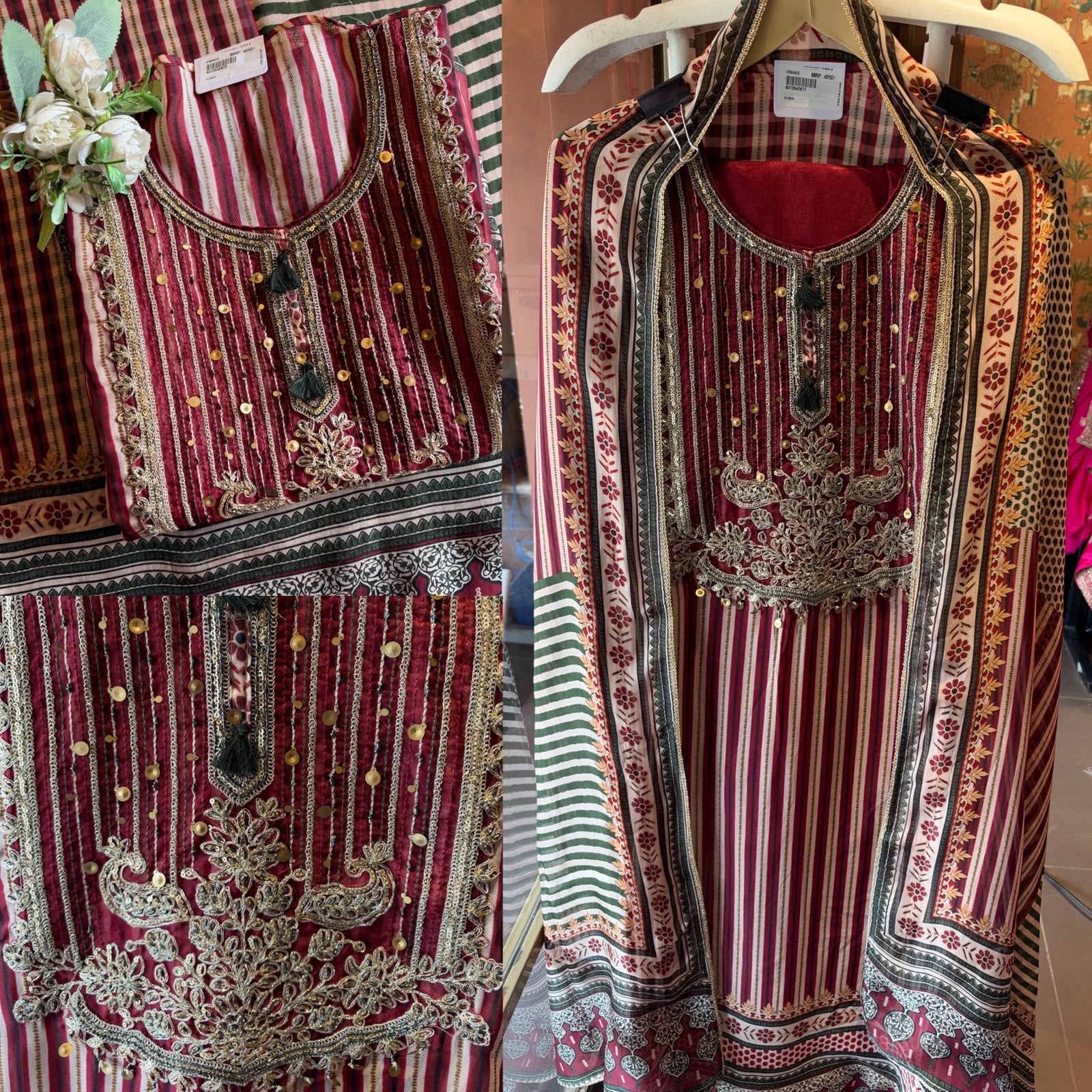 Striped Embroidered Suit Set