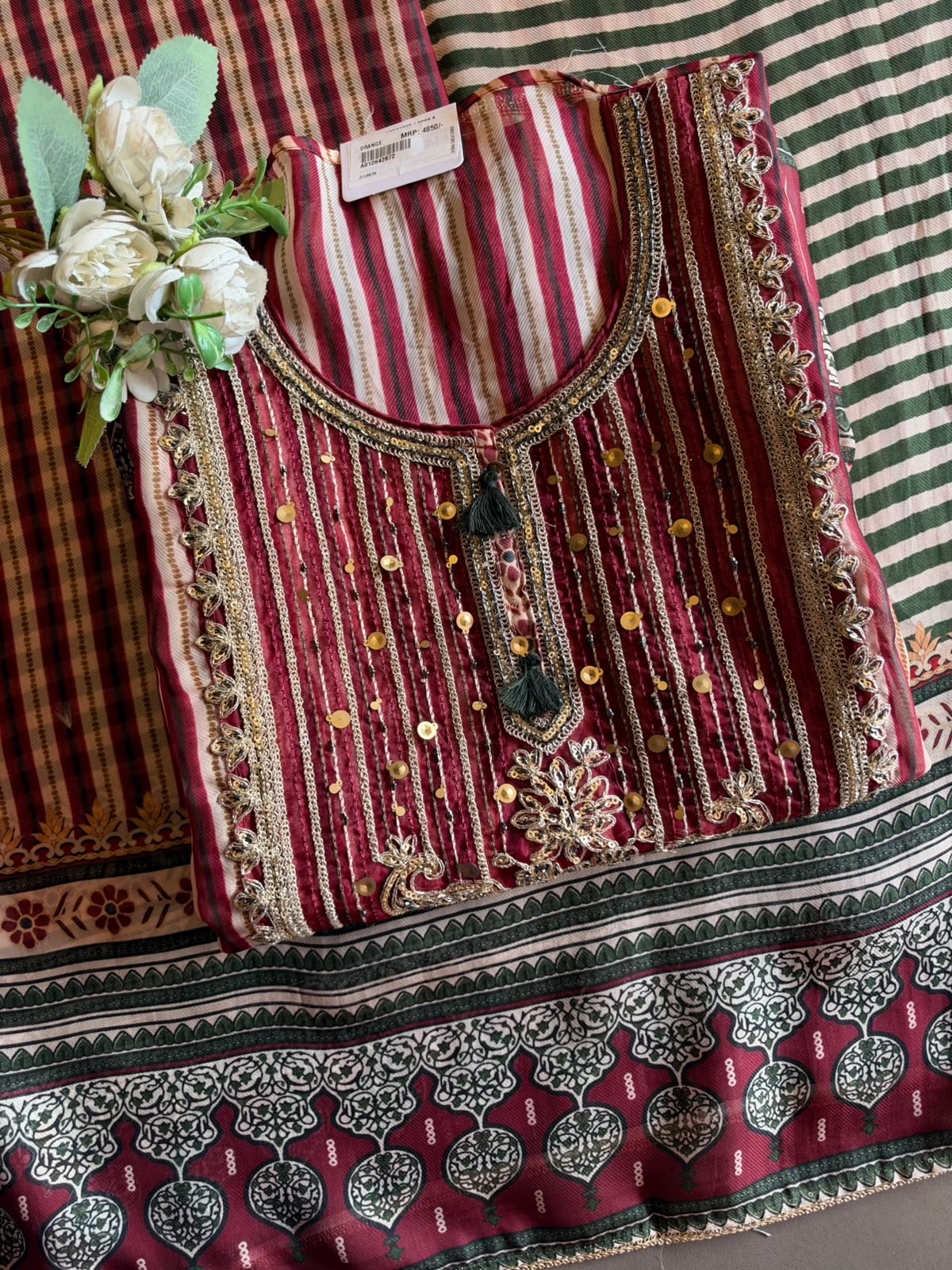 Striped Embroidered Suit Set