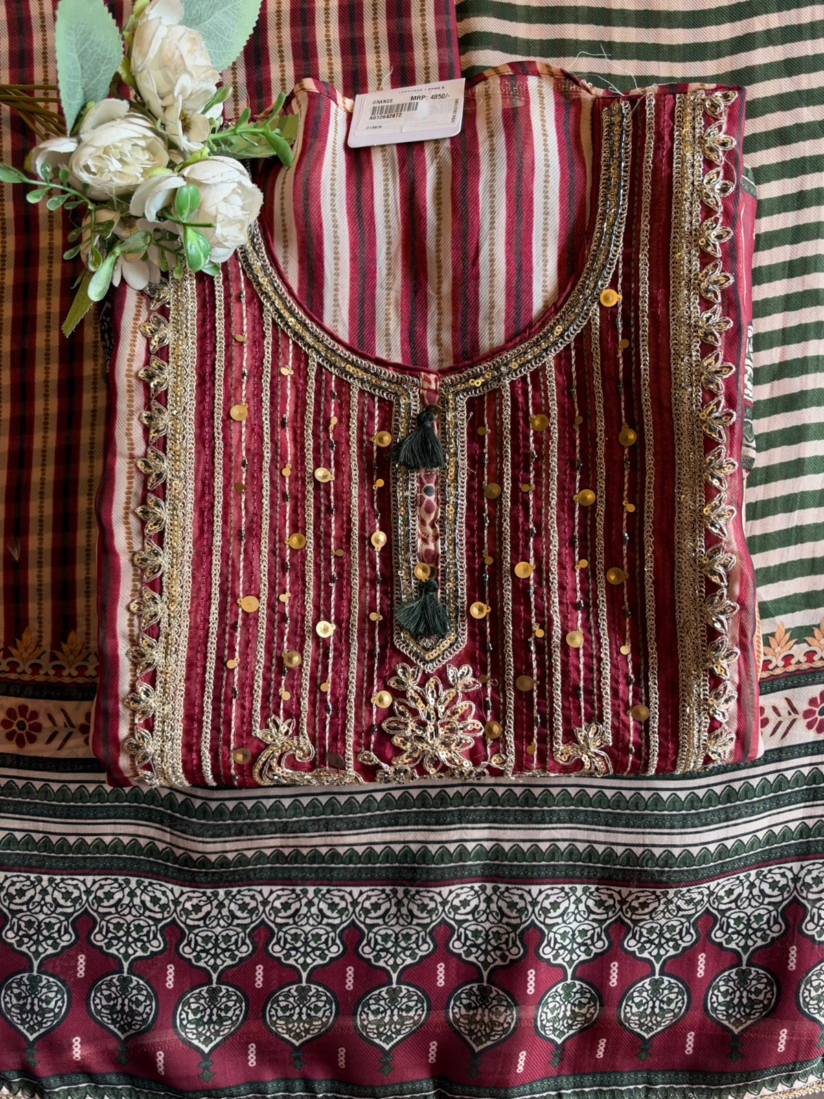 Striped Embroidered Suit Set