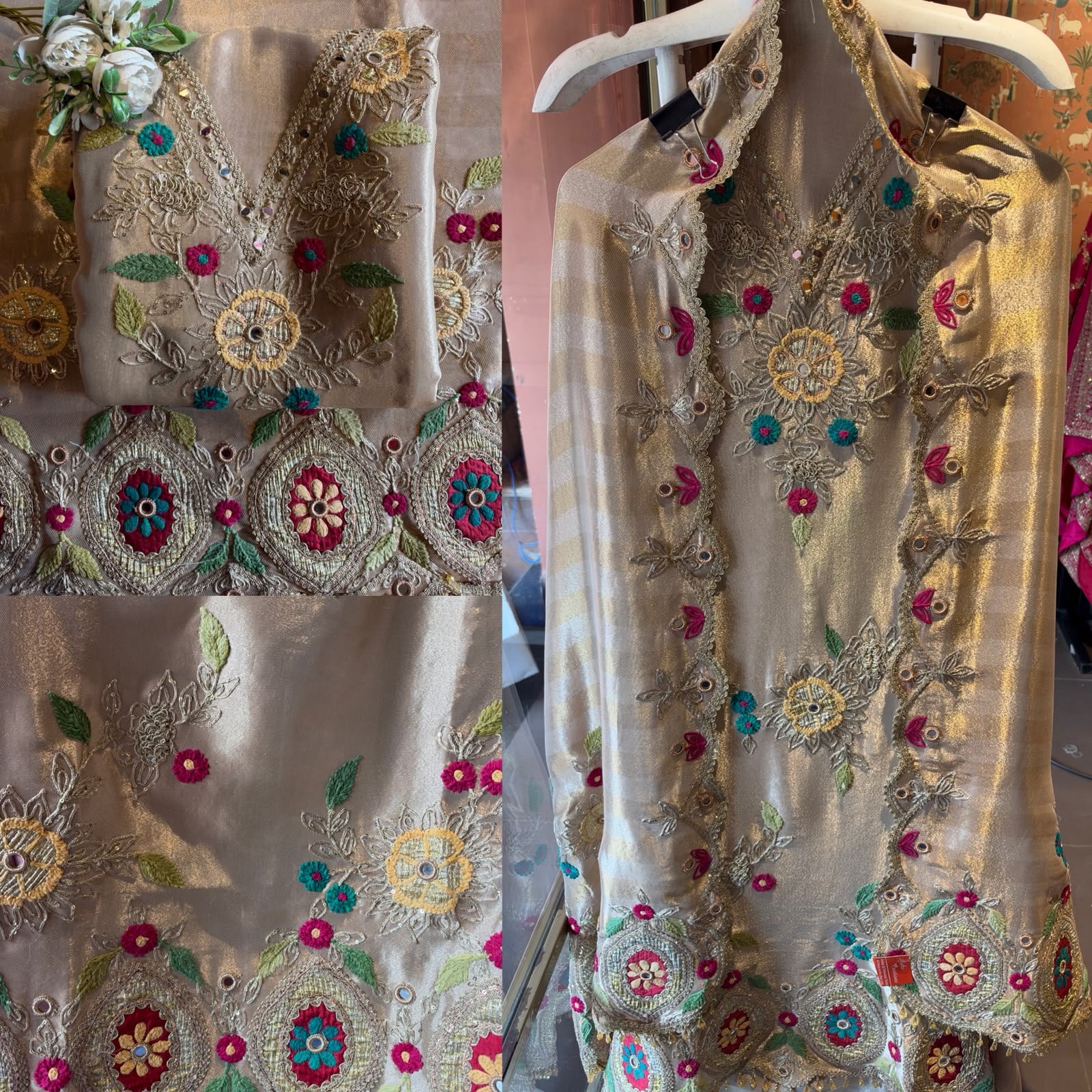 Champagne Gold Multicolour handcrafted Embroidered Suit Set