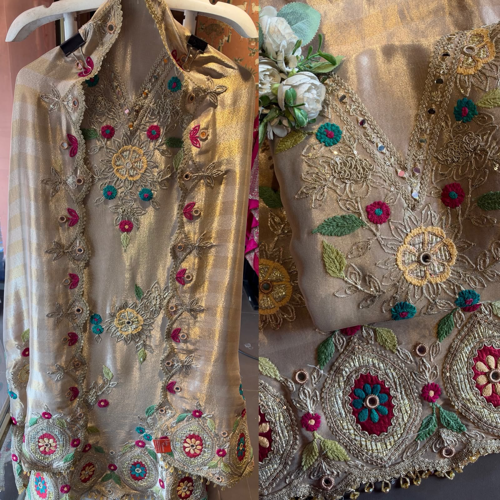 Champagne Gold Multicolour handcrafted Embroidered Suit Set