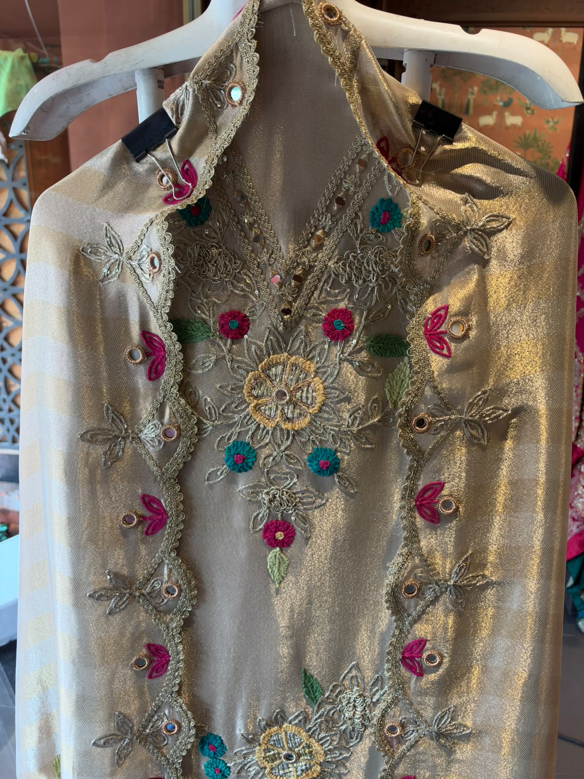 Champagne Gold Multicolour handcrafted Embroidered Suit Set