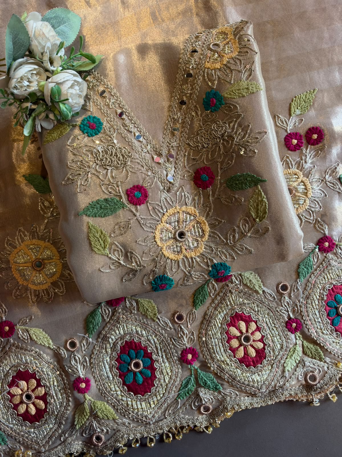 Champagne Gold Multicolour handcrafted Embroidered Suit Set