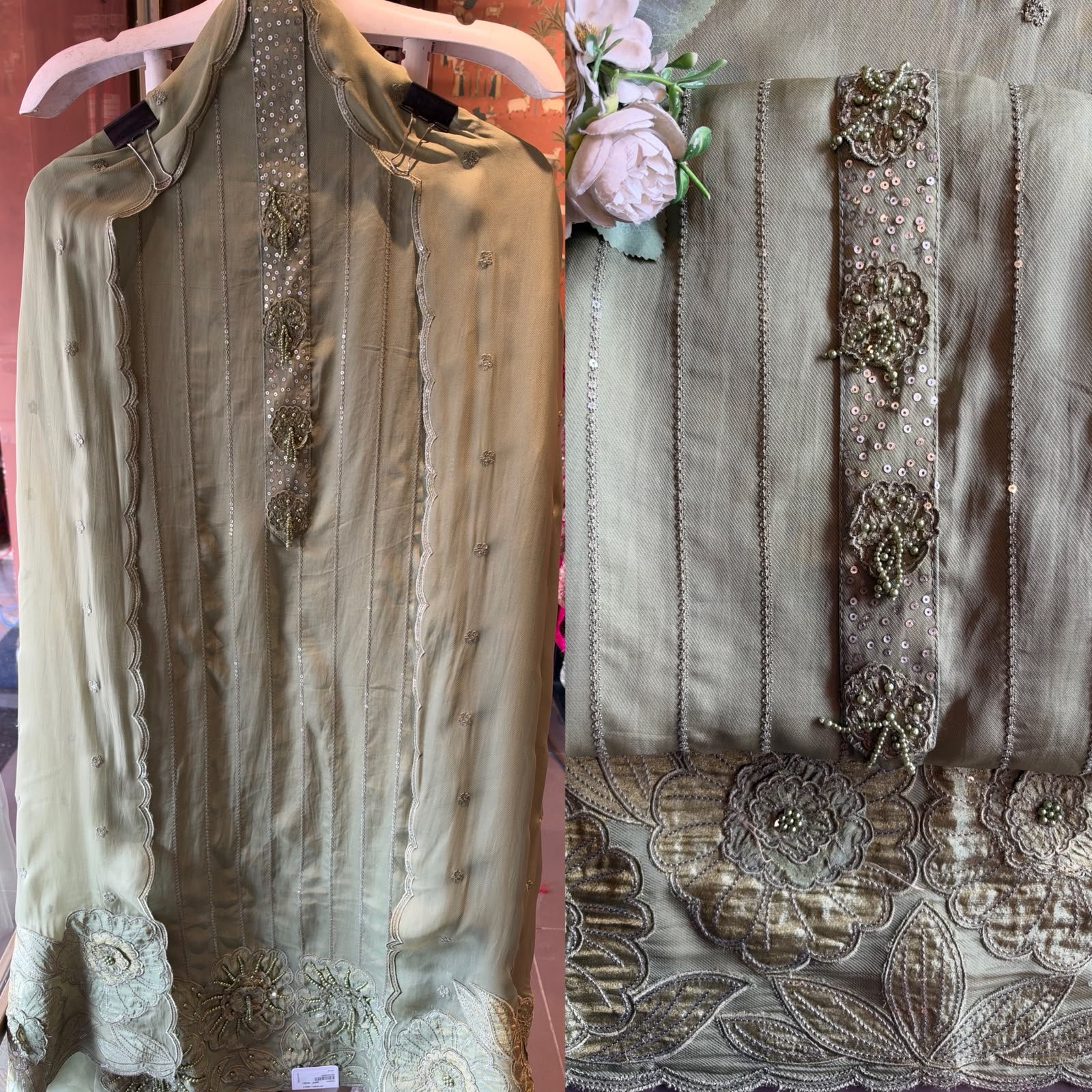 Striped sequence Embroidered Suit Set