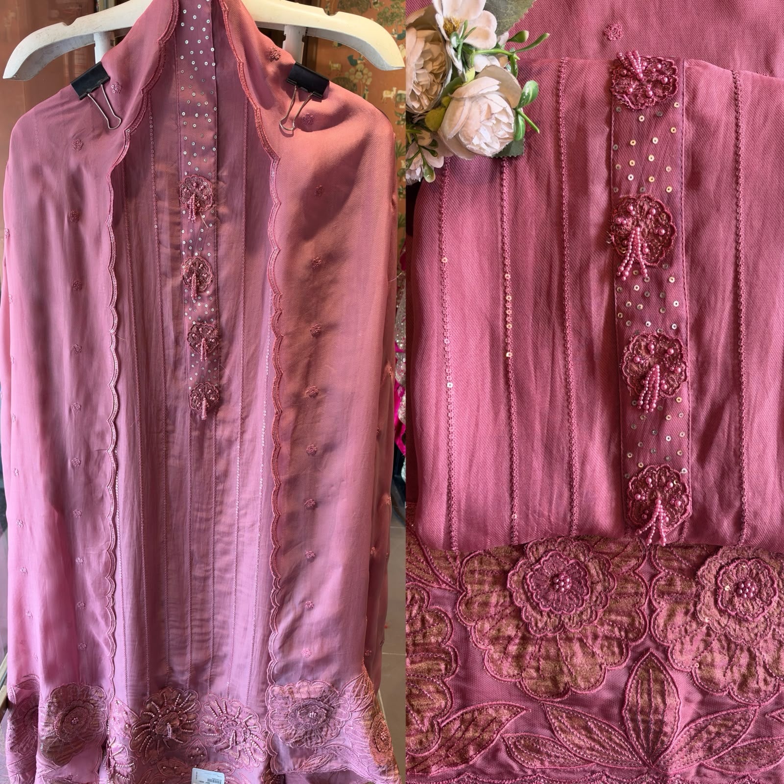 Striped sequence Embroidered Suit Set