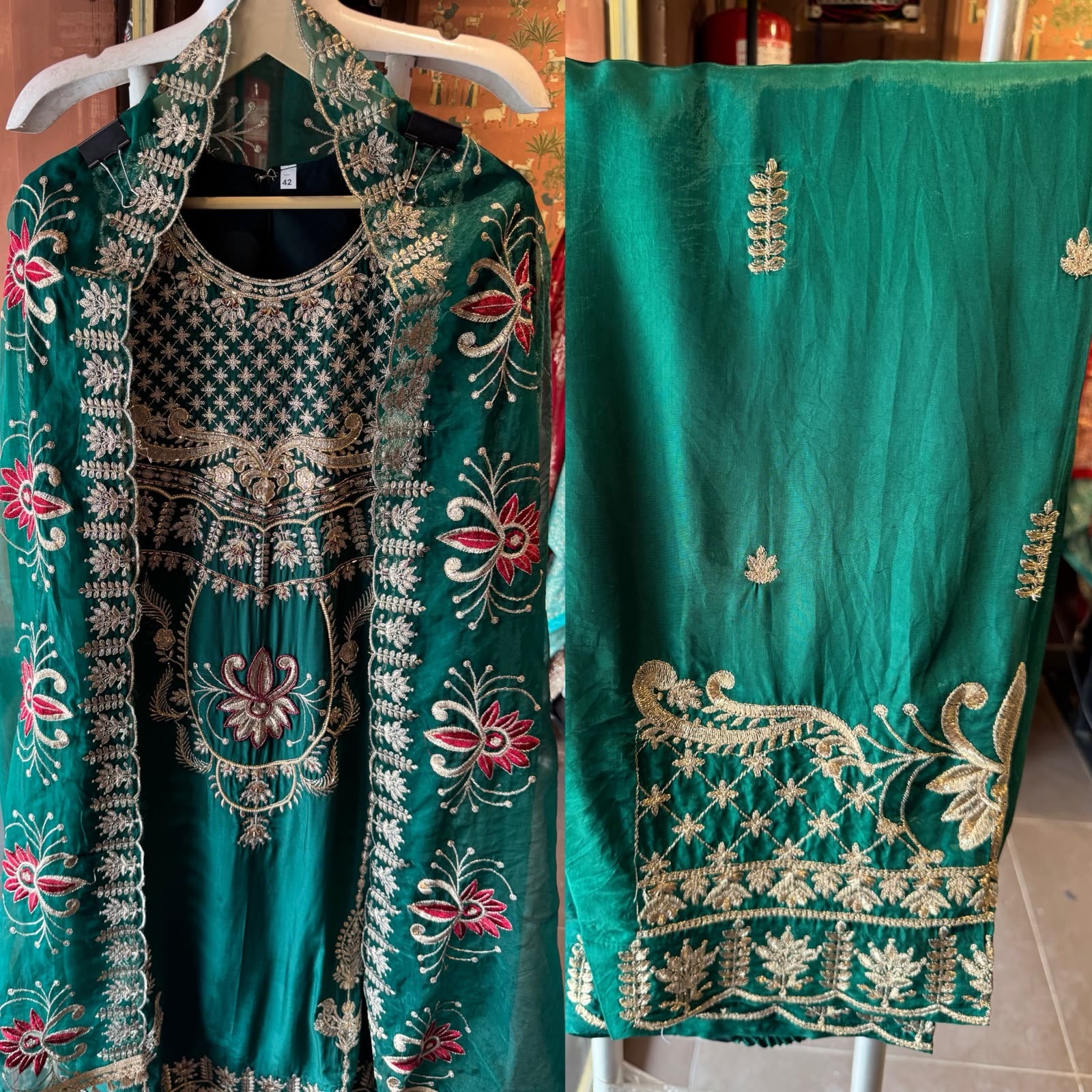 Emerald Green Floral Embroidered Suit Set