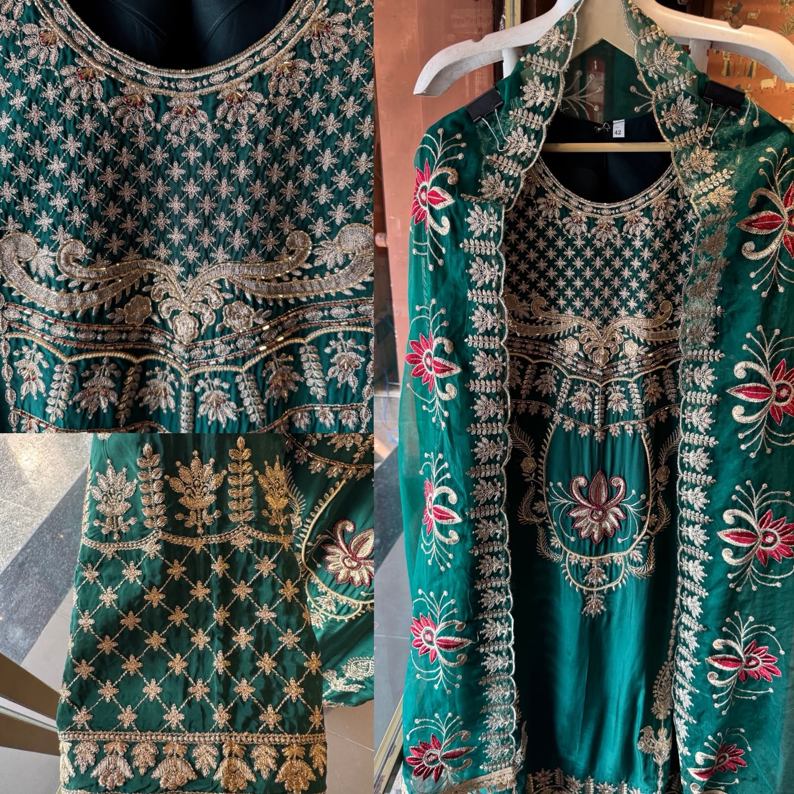 Emerald Green Floral Embroidered Suit Set