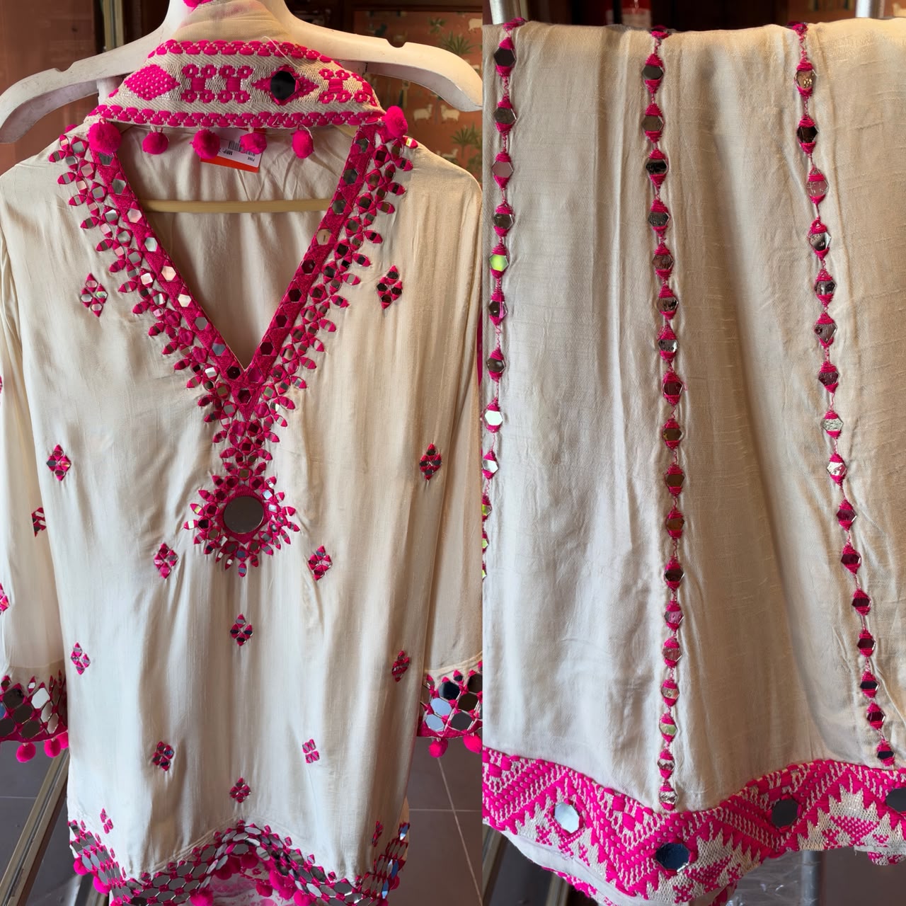 Off white Mirror-Work Anarkali Style Suit Set