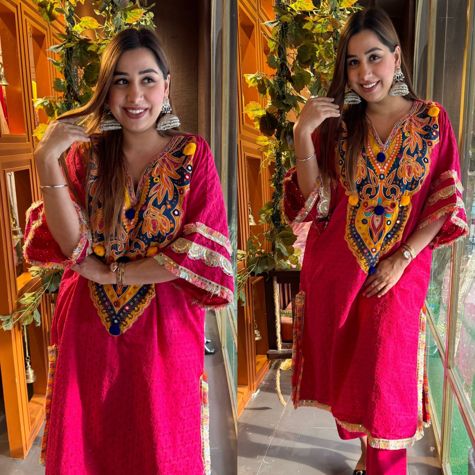 Beautiful Hakuba chicken tunic Looser fit with Gorgeous Mughal paisley print patch on the neckline with Pom Pom’s attached