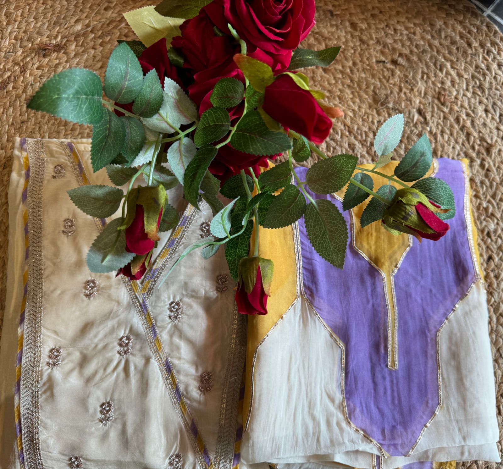 Soft organza Unstitched Shirt with angrakha design neckline with Dori and Dabka work booties with piping done.