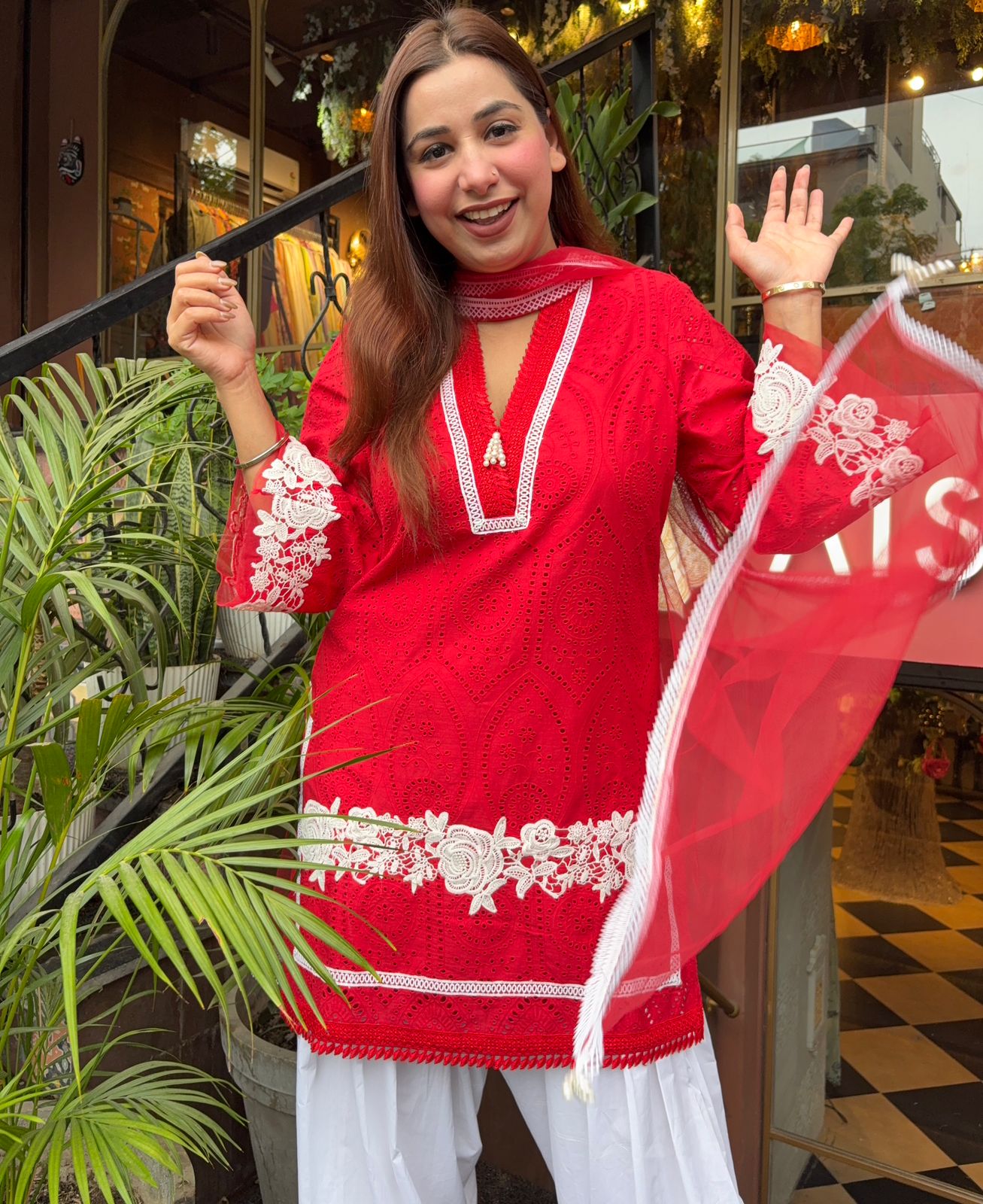 Beautiful Blood red Cotton chicken stitched Suit