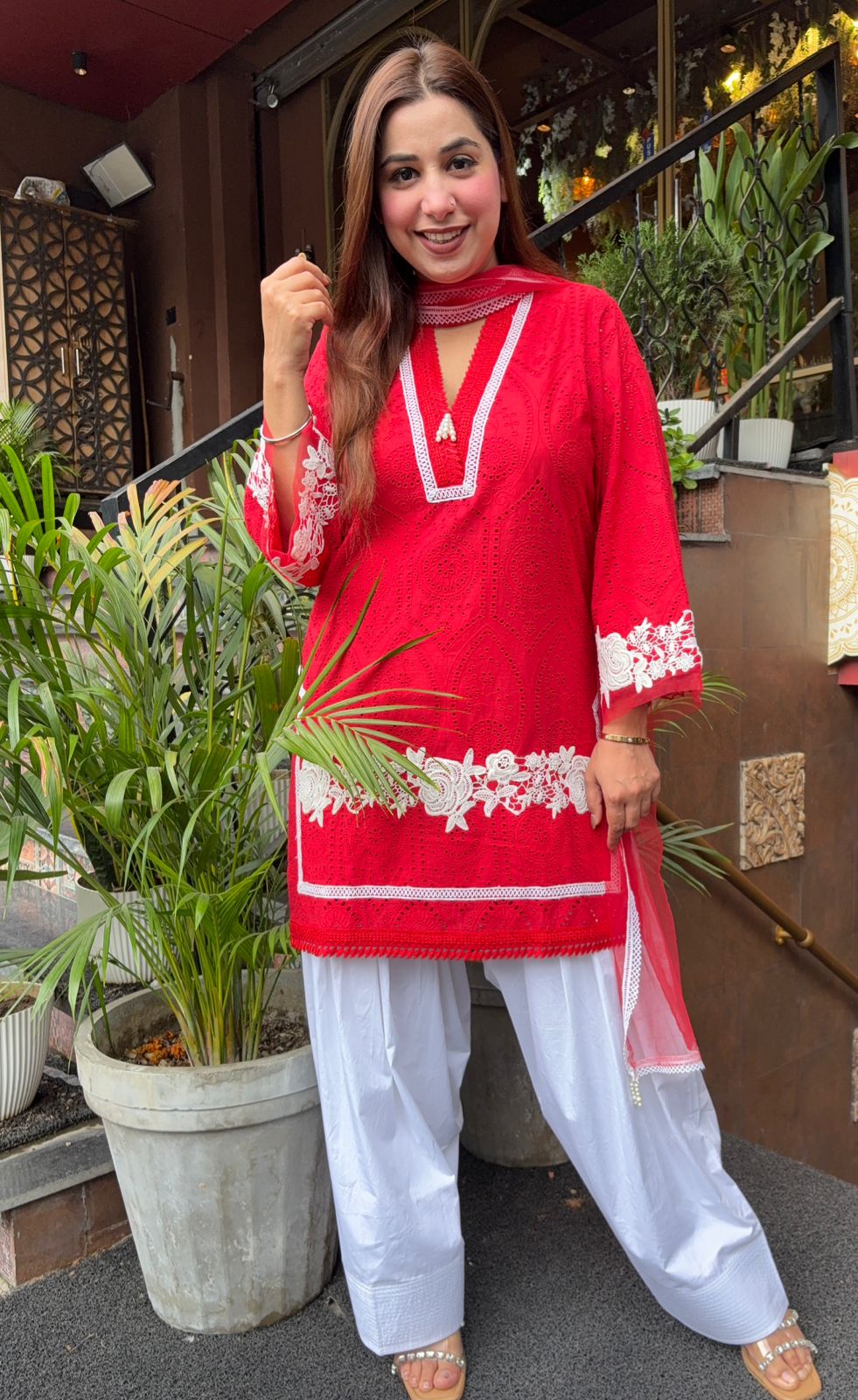 Beautiful Blood red Cotton chicken stitched Suit
