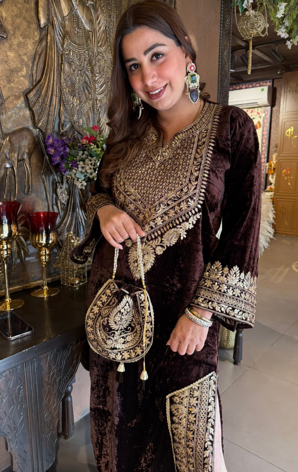 Heavy embroidered velvet kurta