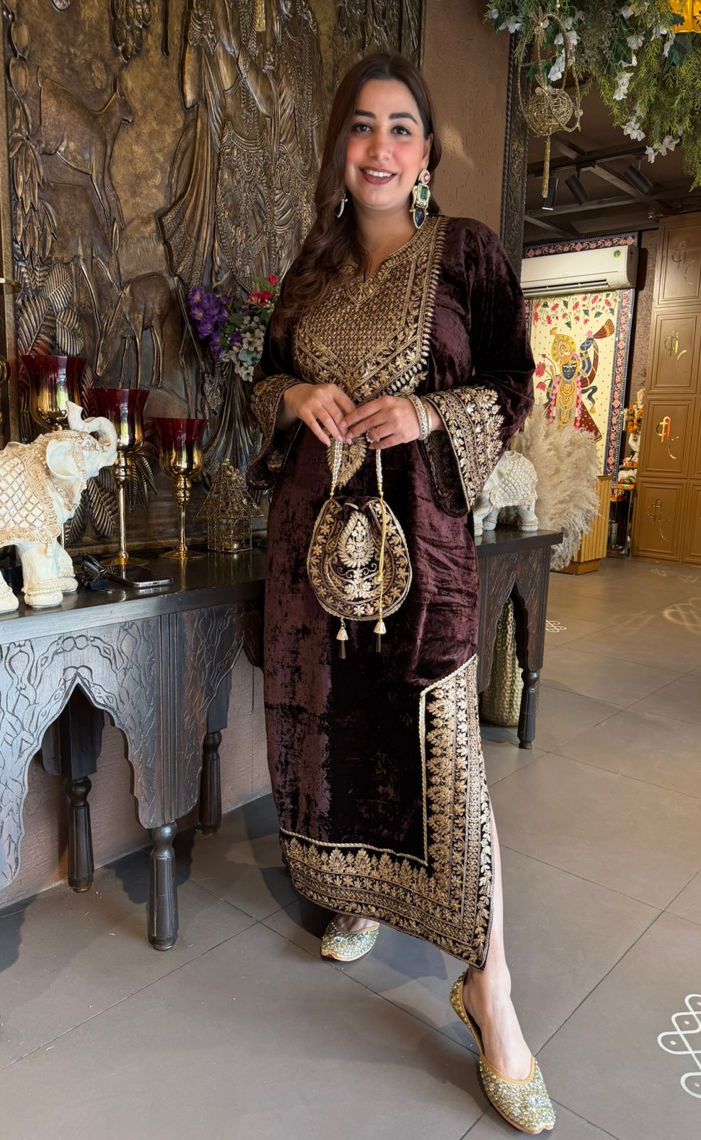 Heavy embroidered velvet kurta