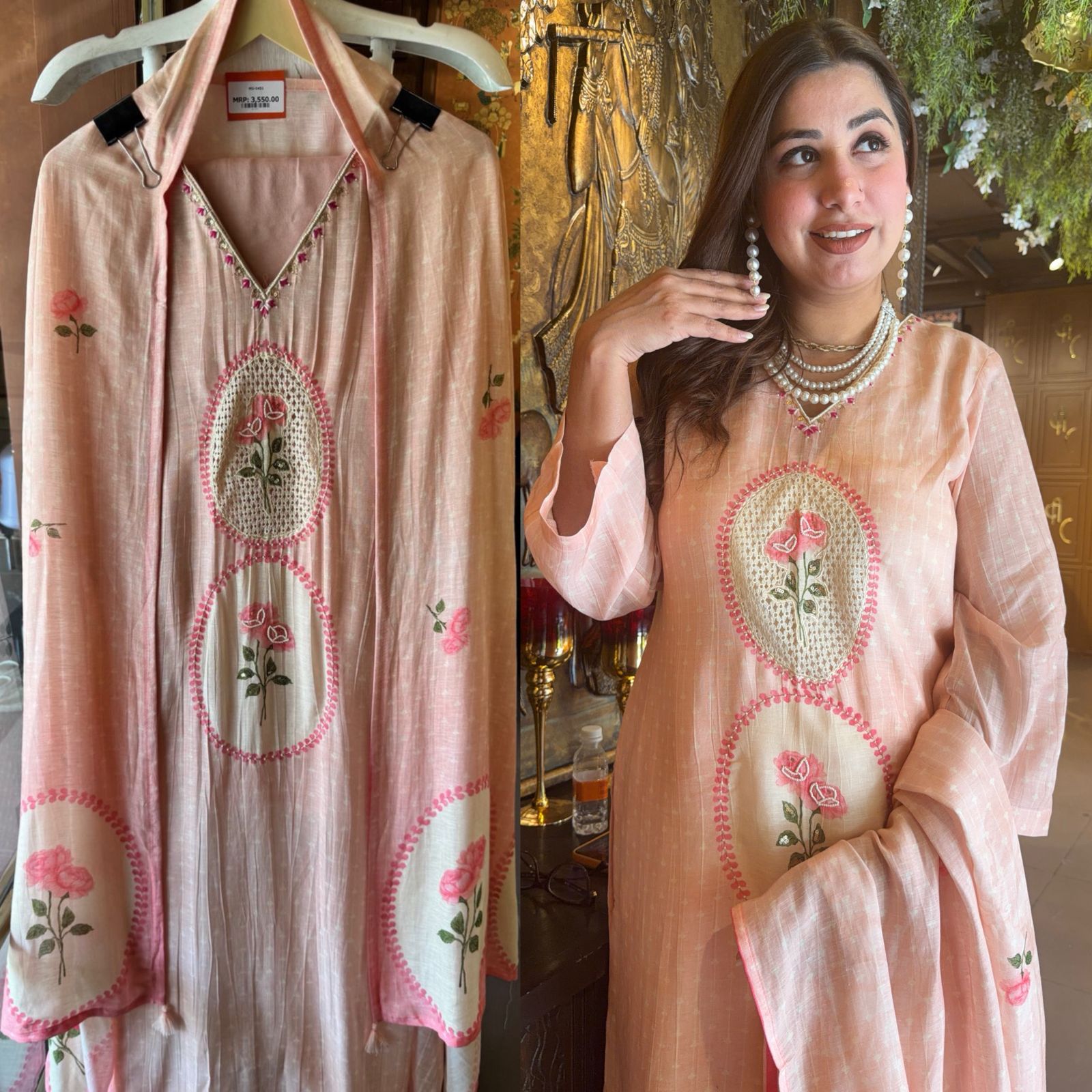 PINKY PEACH LACE DETAIL SUIT SET