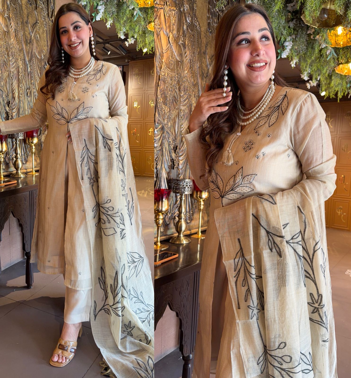 BEIGE  HAND CRAFTED LINEN UNSTITCHED SUIT SET