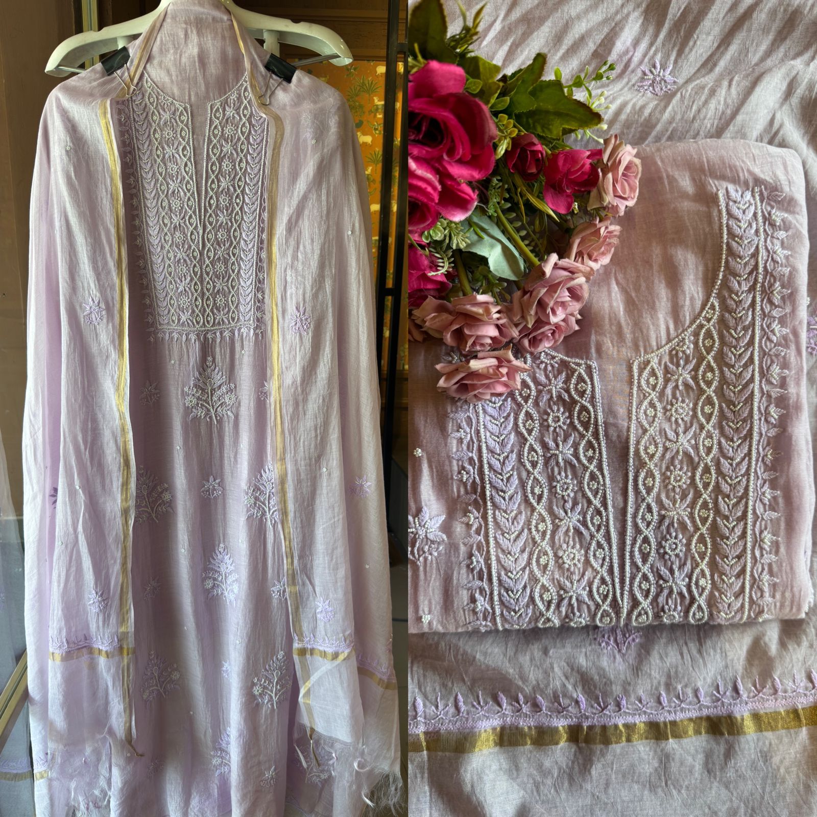 Fine Mul cotton chanderi unstitched Shirt with thread embroidered Lakhnavi neckline