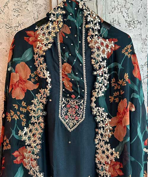 Pure silk Unstitched Full size Shirt  With very beautiful Neckwork