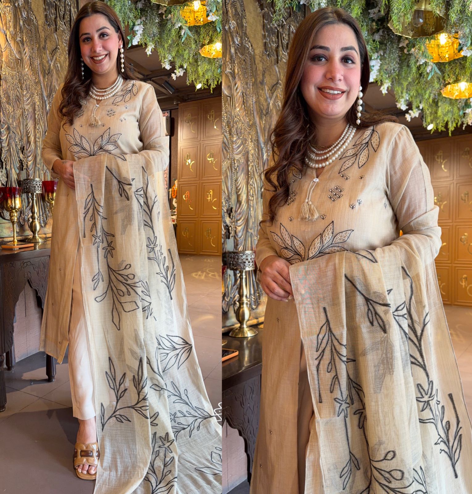 BEIGE  HAND CRAFTED LINEN UNSTITCHED SUIT SET