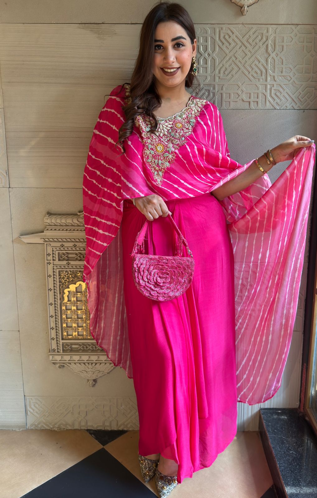 Stitched Set with Lehriya printed Cape with dabka work on it