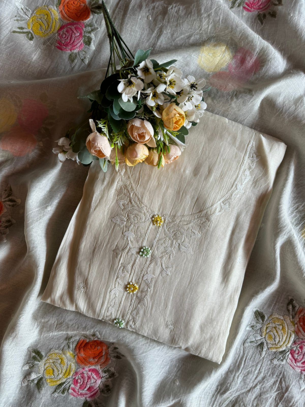 Soft Mul Mul cotton unstitched Shirt design with thread and sequence work