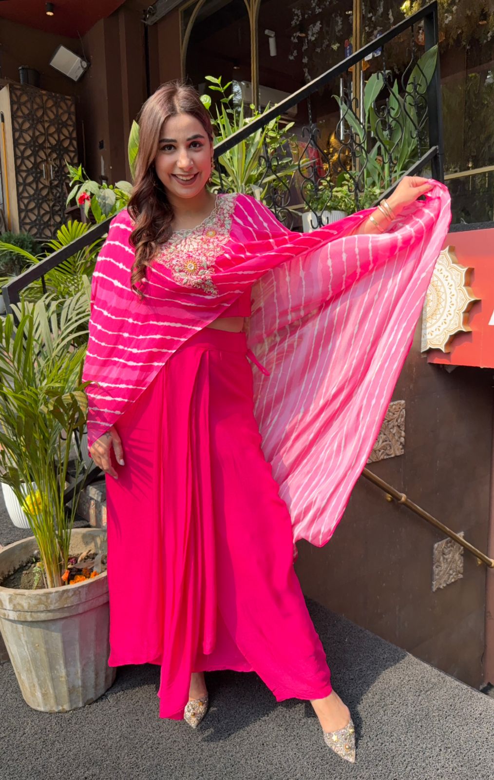 Stitched Set with Lehriya printed Cape with dabka work on it