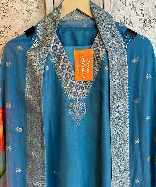Pure silk unstitched shirt with beautiful designer pattern plus embroidery