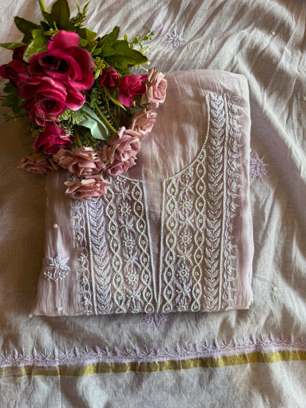 Fine Mul cotton chanderi unstitched Shirt with thread embroidered Lakhnavi neckline