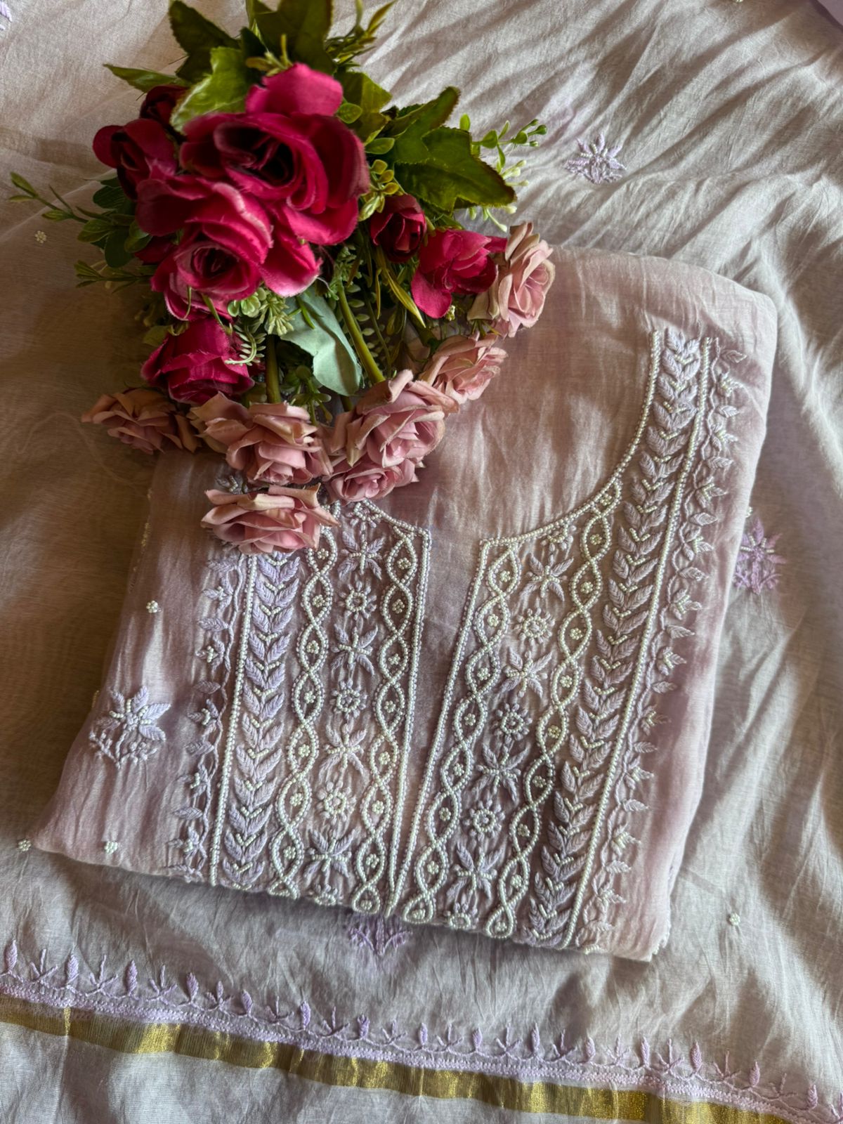 Fine Mul cotton chanderi unstitched Shirt with thread embroidered Lakhnavi neckline