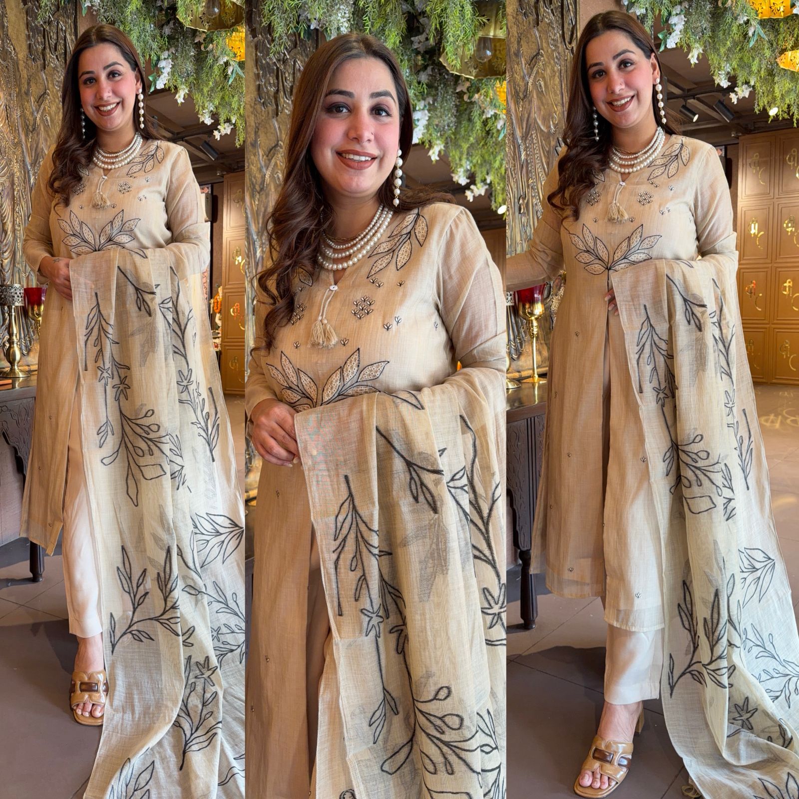 BEIGE  HAND CRAFTED LINEN UNSTITCHED SUIT SET