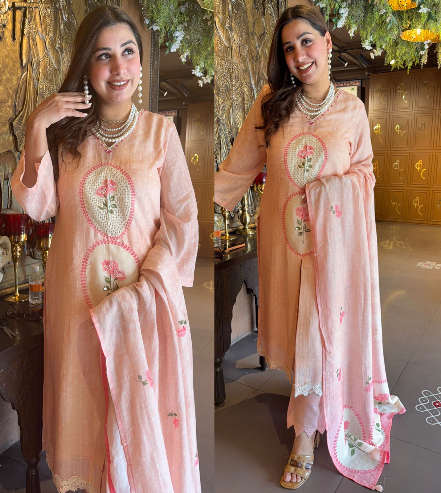 PINKY PEACH LACE DETAIL SUIT SET