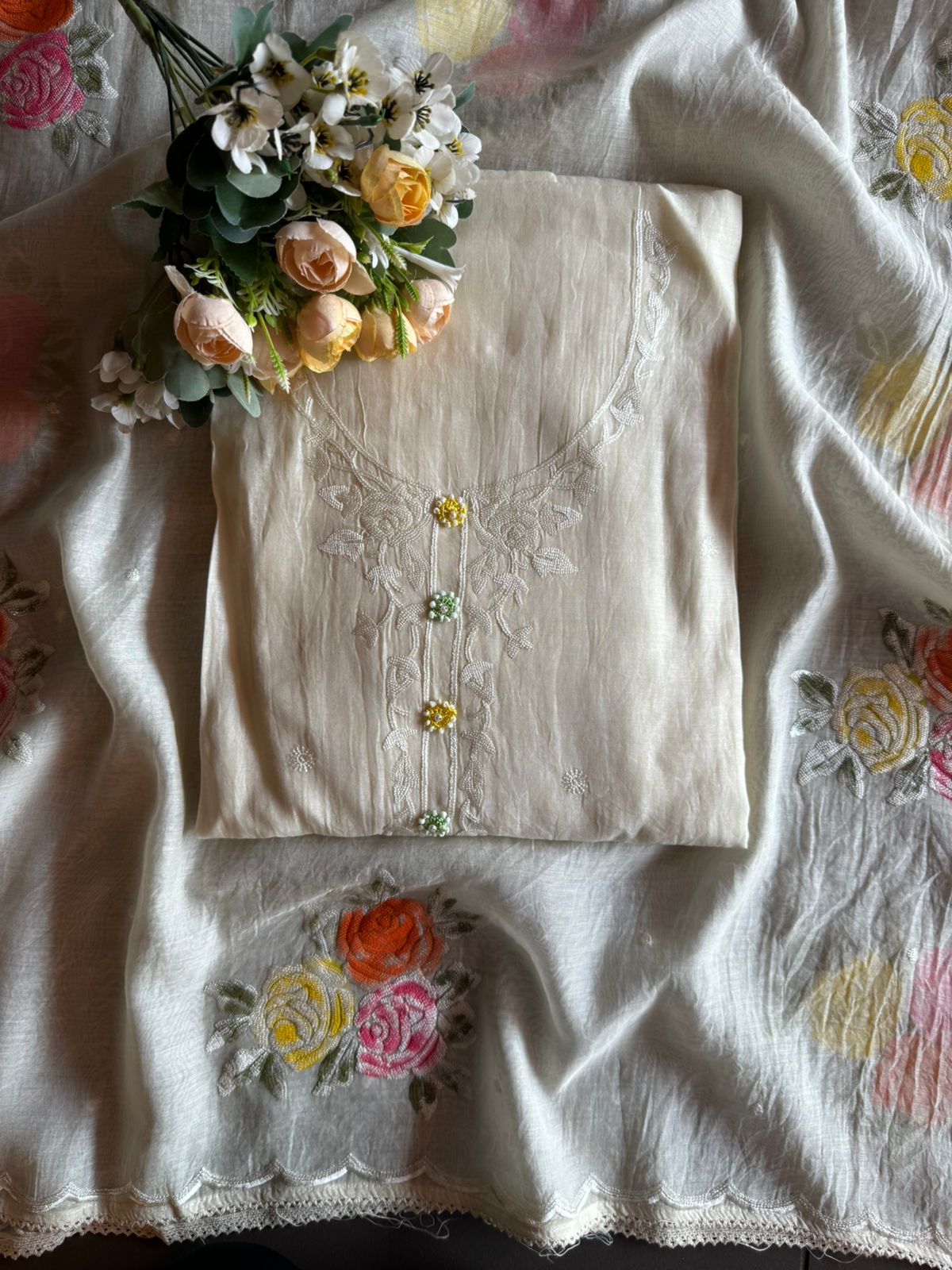 Soft Mul Mul cotton unstitched Shirt design with thread and sequence work